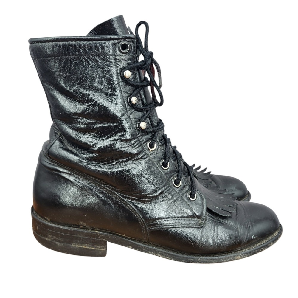 Justin Western Boots Womens 6 B Black Leather Roper Kiltie Cowgirl USA L521 Vtg